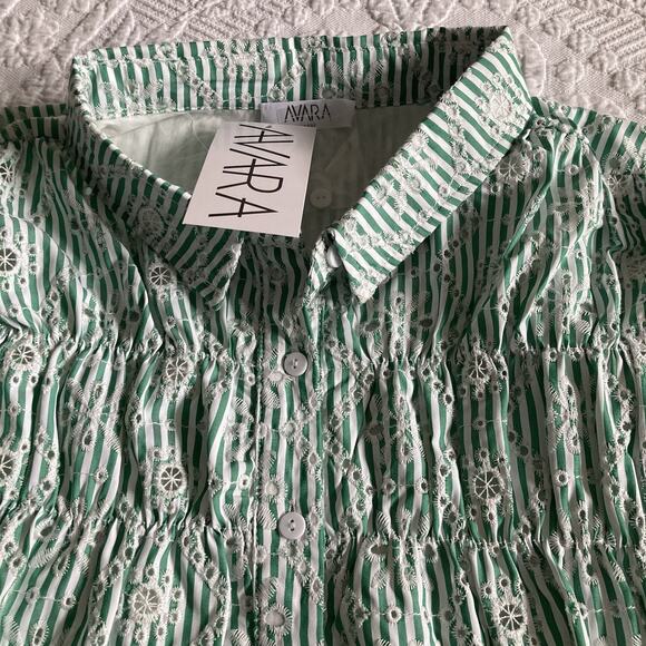 NWT Avara Gentry Dress Button Up Ruffle cap Sleeve Green Eyelet Resort Beach L - Picture 10 of 14